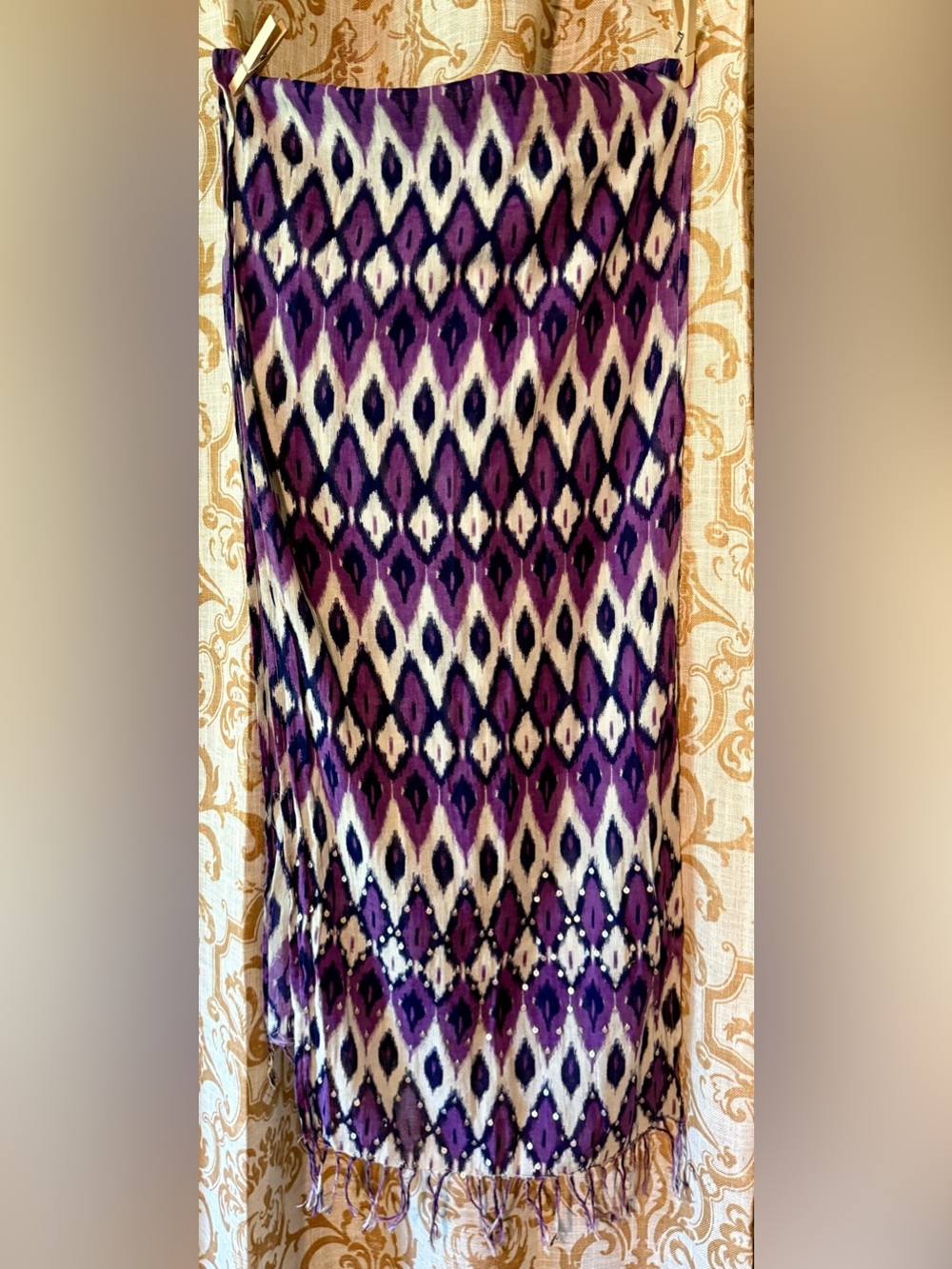Chico's Purple, Black & White Ikat Fringe Wrap